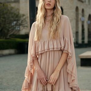 Commense Pink XL Semi-Sheer Chiffon Ruffle Dress With Outer Cape NWT $59